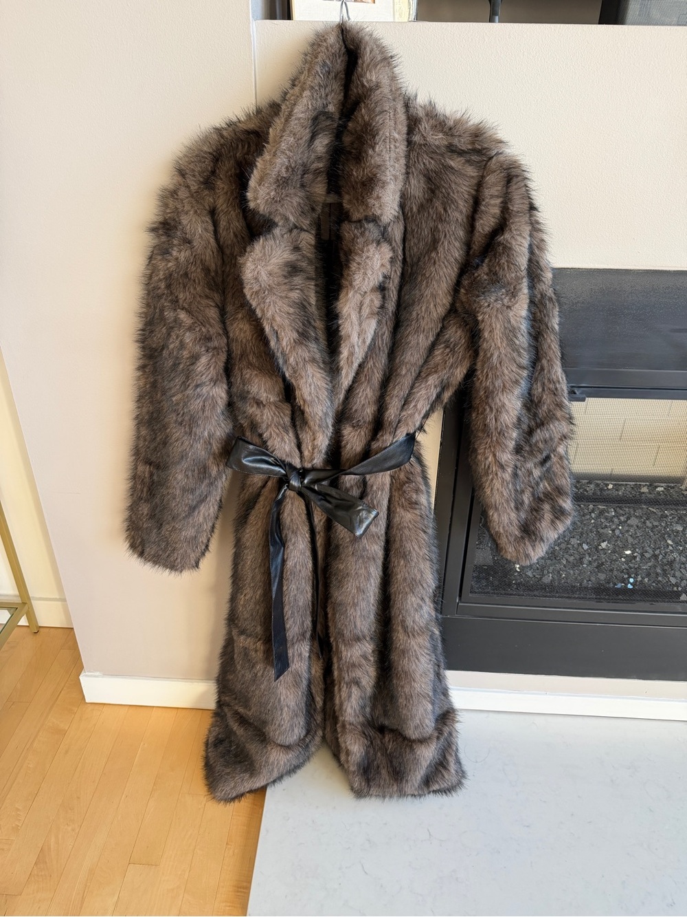 Fashion Nova Brown Faux Fur Trench Coat with Black Tie Belt